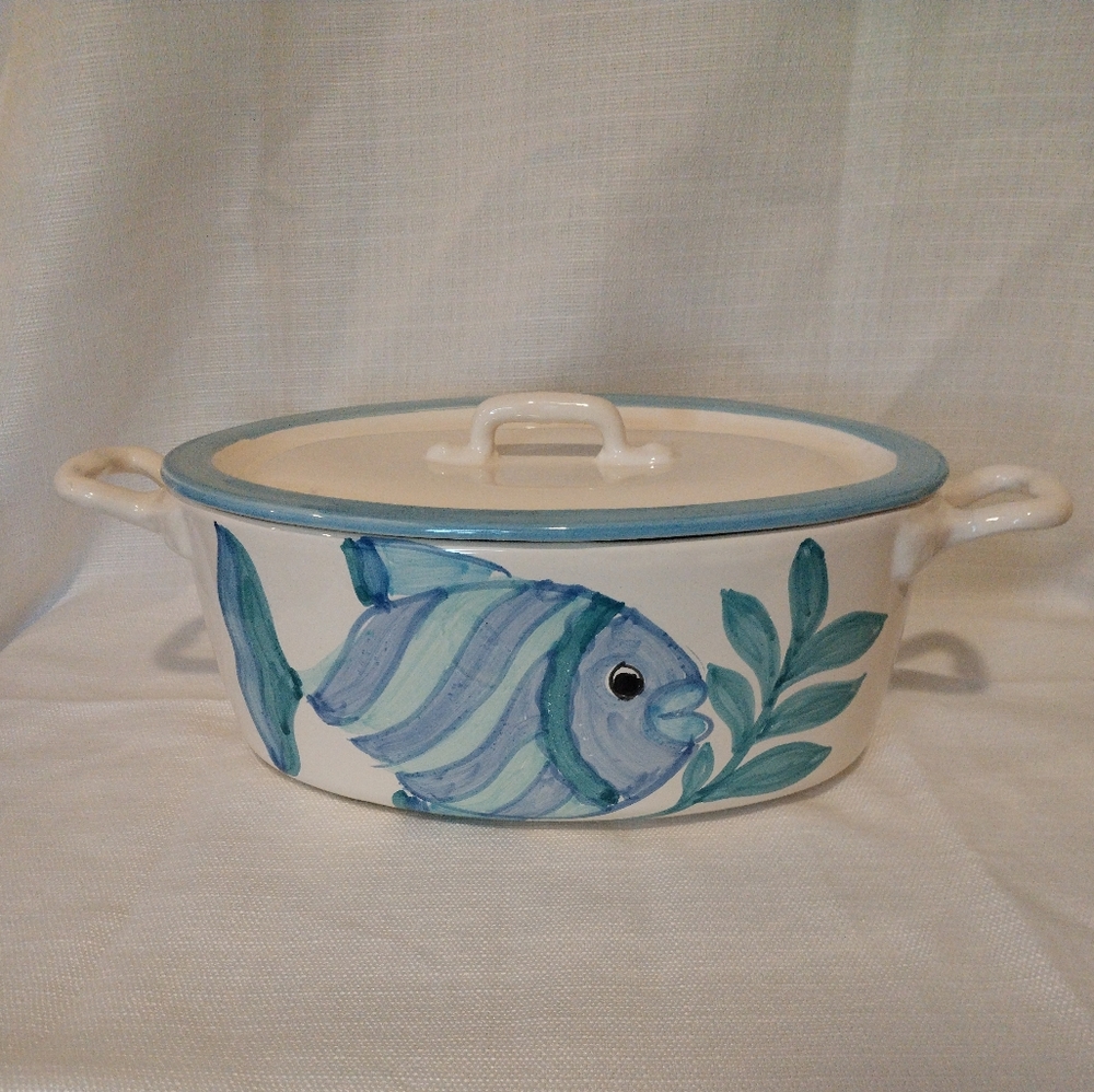 Vintage Hand Made In Italy Ceramic Painted Fish Lidded Pot